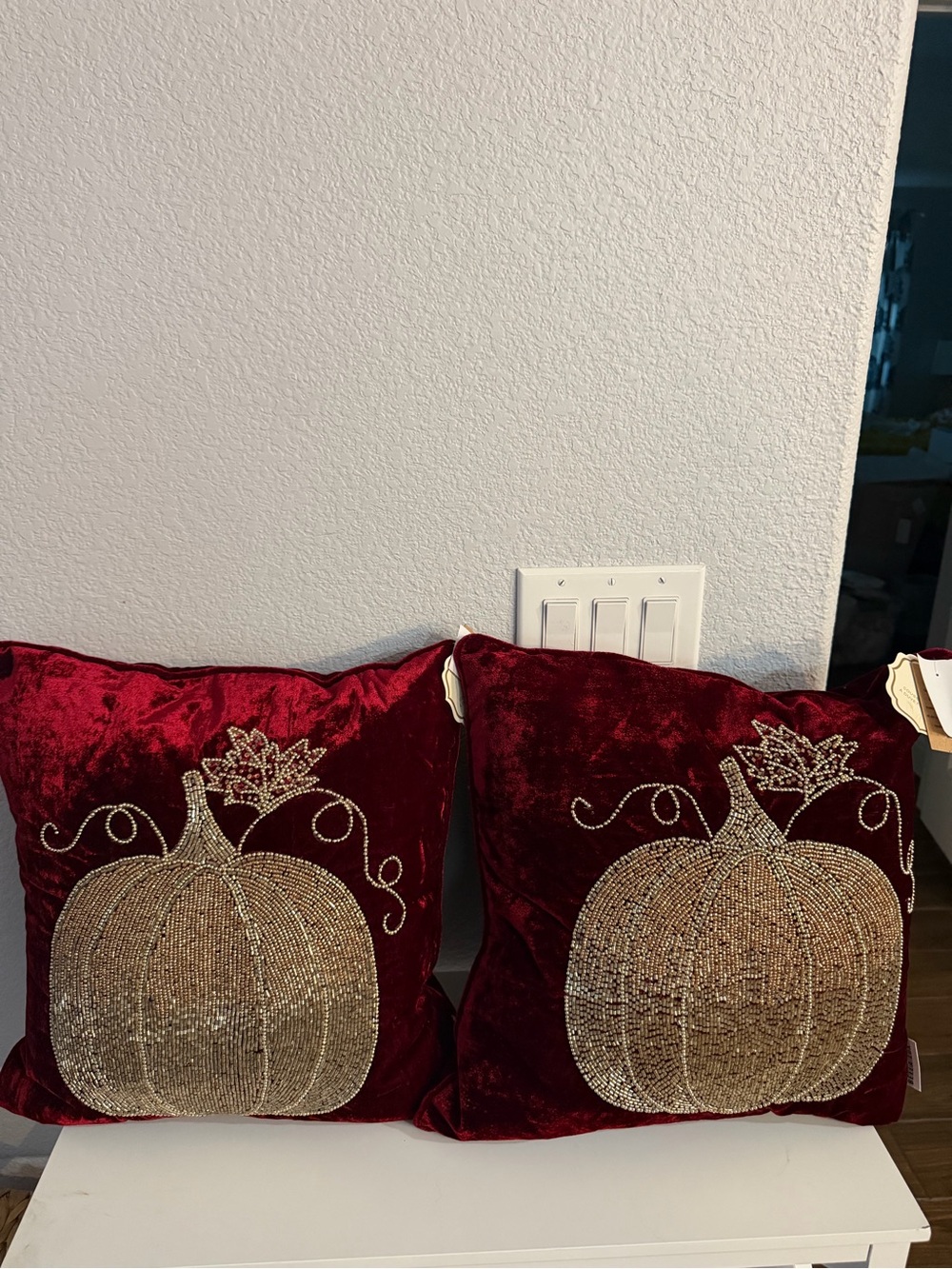 Luxurious Red Velvet Holiday Pumpkin Accent Pillow with Gold Beading
